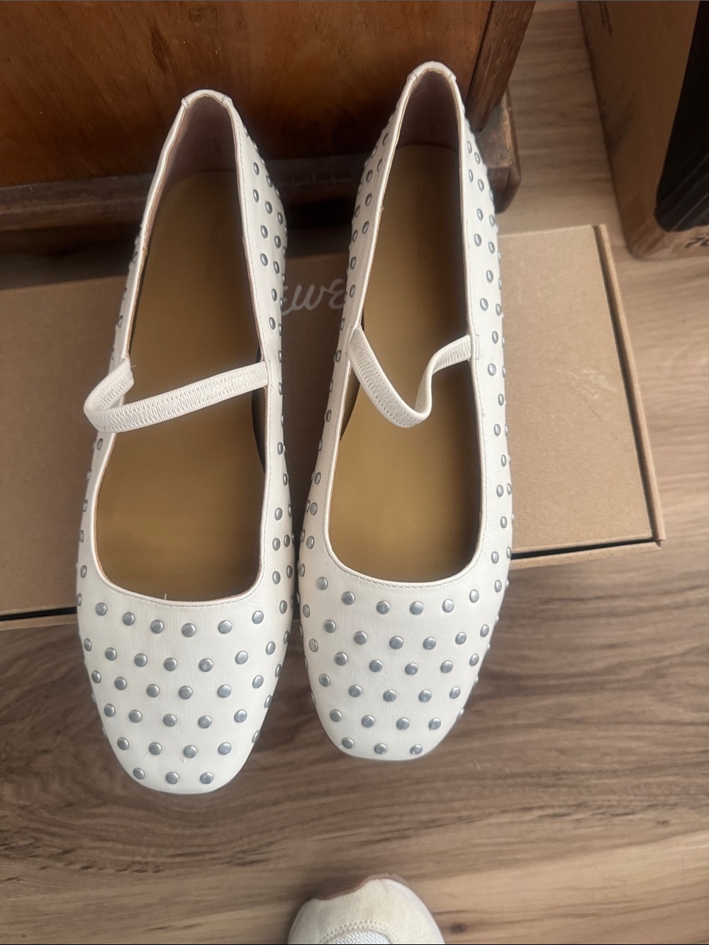 White Studded Mary Jane Flats with Elastic Strap